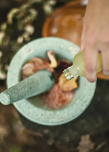 Ayurvedic herbs and oil being combined in a mortar and pestle to indicate the Ayurvedic educational opportunities available on this site.