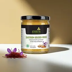 Jar of saffron golden milk from Athreya Herbs.