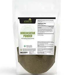 Convenient ziplock bag of Hingvashtak Powder (brown powder) with a green, white, and black label. 