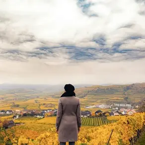 A person in a coat and hat stands in a vineyard during the Vata time of year, fall, overlooking a vast landscape of yellow fields under a dramatic cloudy sky. Mood: contemplative.