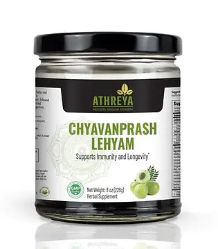 Jar of Chyavanaprash from Athreya Herbs for building immunity with this Ayurvedic tonic.