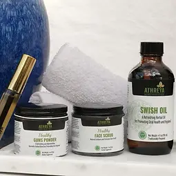 Oils, tongue scraper, and face care containers from this daily routine box.