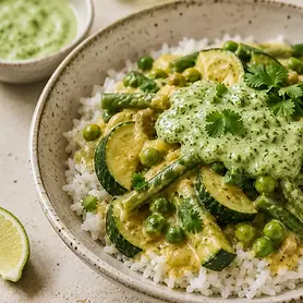 Ayurvedic summer vegetable coconut curry over rice, topped with fresh cilantro in a bowl.