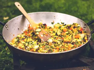 Ayurveda-inspired Vegetable Lentil Stir Fry for promoting lightness for Kapha dosha in the spring.