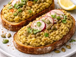 Warming Lemon-Tahini Chickpea Toast on a plate to help balance Kapha dosha in the late winter and spring.