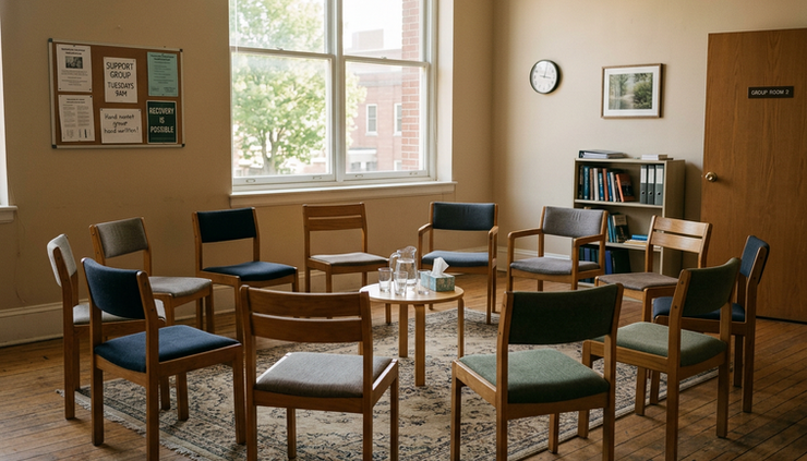 Eye-level view of a quiet recovery room with a circle of empty chairs and soft morning light.