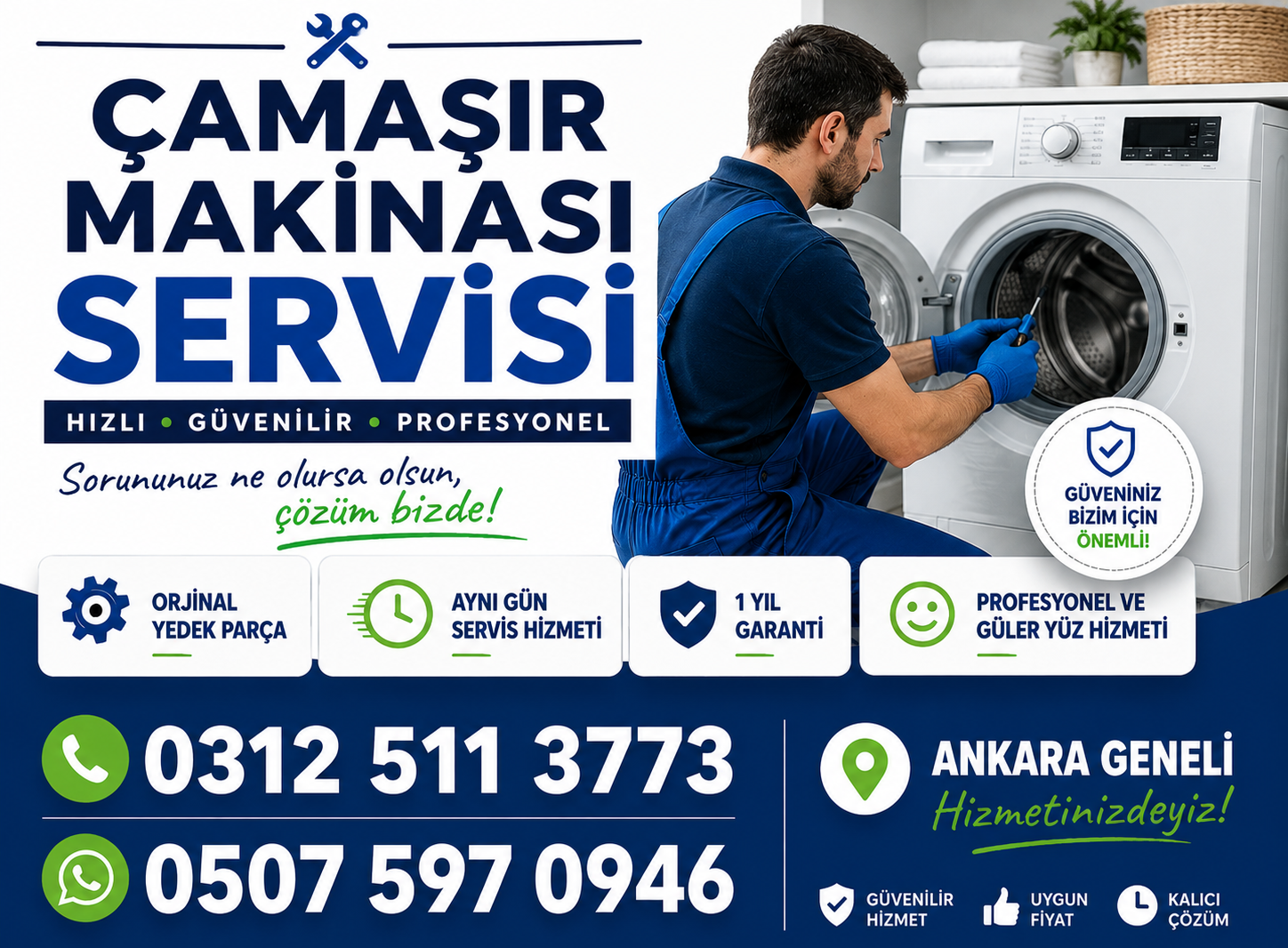 Çamaşır makinesi servisi afişi; teknisyen makineyi tamir ediyor, mavi-beyaz tasarımda Ankara geneli ve telefon numaraları var.