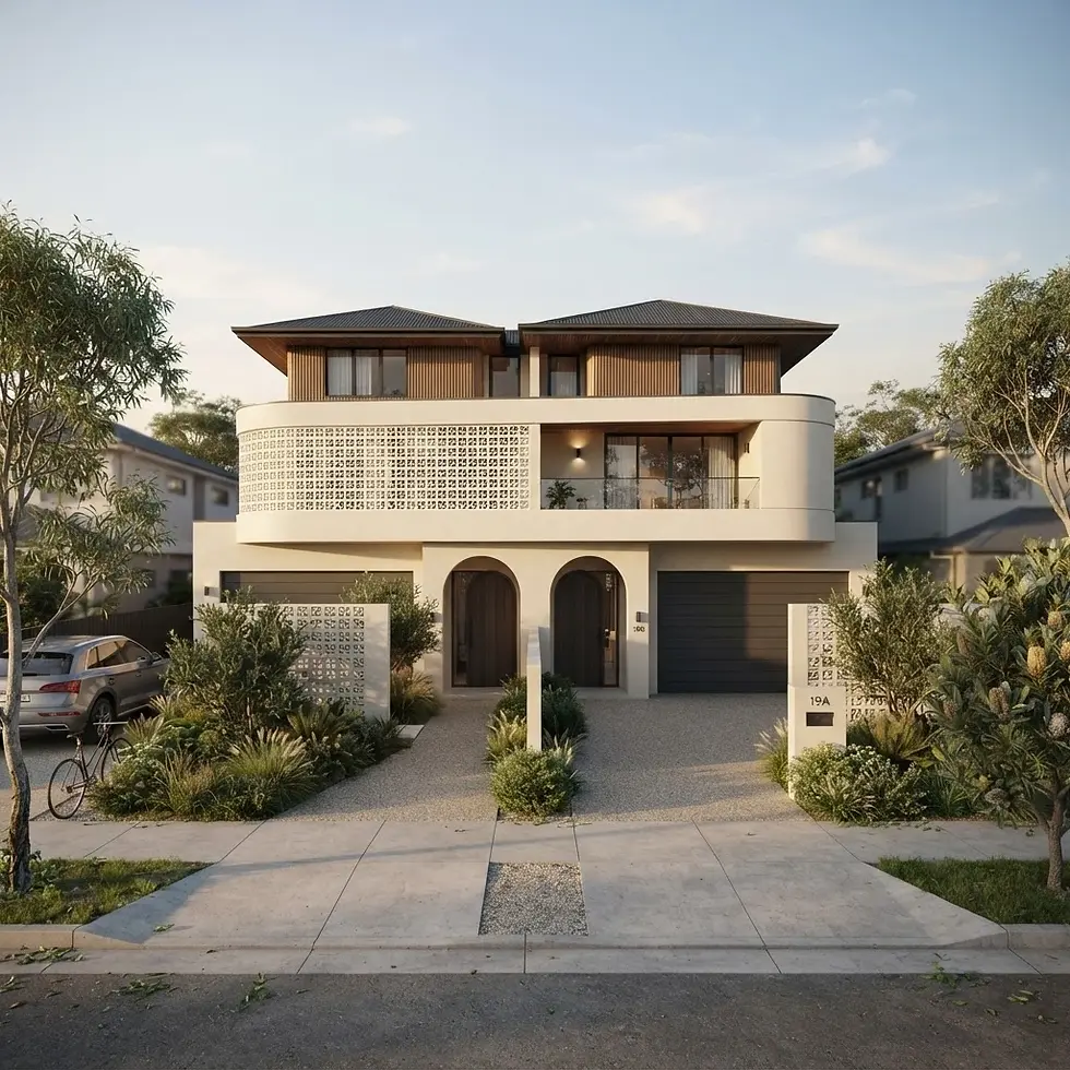 Digital rendering of a modern two-story house with curved balconies and an arched entryway. The facade combines wood, white stucco, and decorative concrete blocks for a sophisticated look.