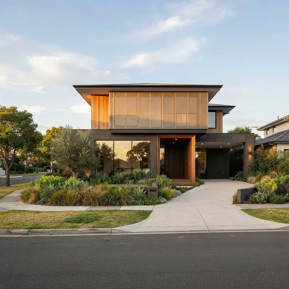 Architectural photography of a contemporary luxury residence featuring wood accents and a manicured garden. Bathed in warm, late afternoon light.