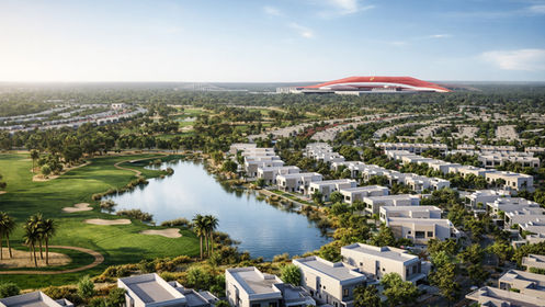 Aerial view of Yas Acres resort in Abu Dhabi showing modern villas, palm-lined streets, landscaped pathways, planting beds, shaded hardscape areas, and a central swimming pool.