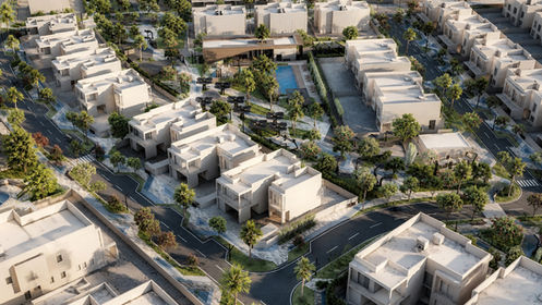 Collage of Yas Acres landscape design with residential streets, layered planting, palm trees, paved walkways, seating areas, outdoor lighting, fenced sports courts, and shaded community spaces.