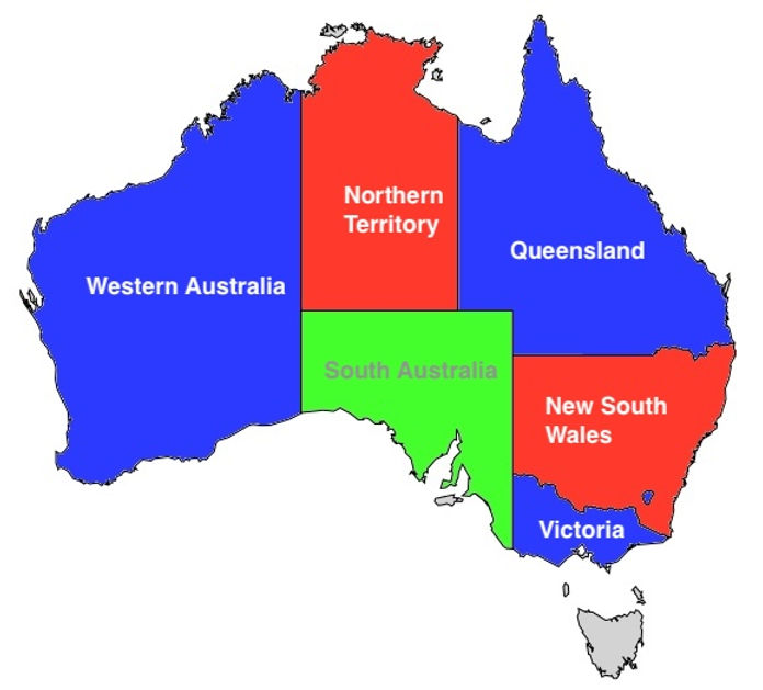 3-coloring of Australia labelled with colors for the territories