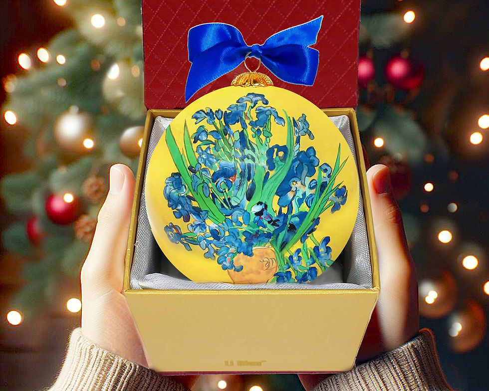 Thumbnail: 2024 Li Bien Ornaments Van Gogh's Irises in Amsterdam: Hands holding the Iris ornament resting in a luxury gift box.
