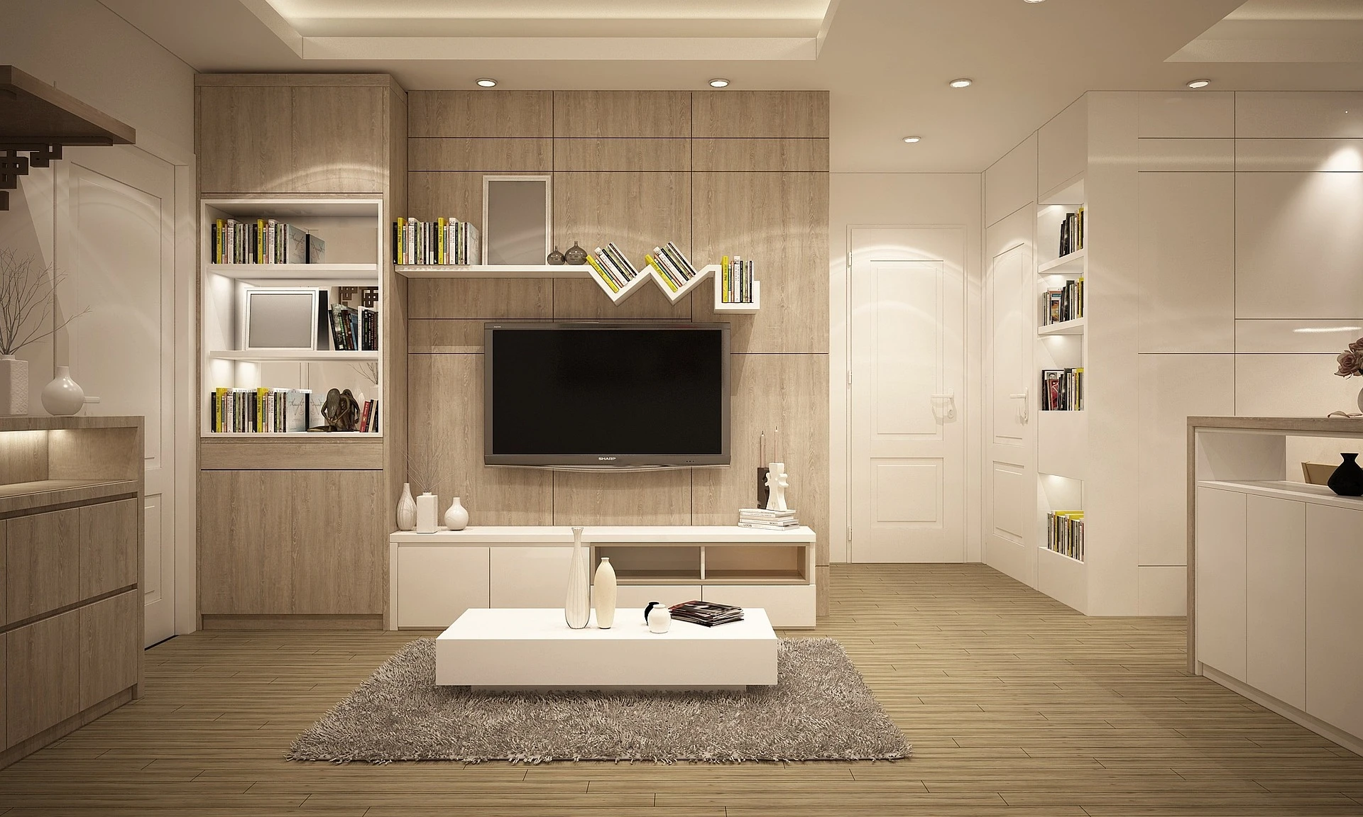 Beige Schrankwand in stylischem Wohnzimmer