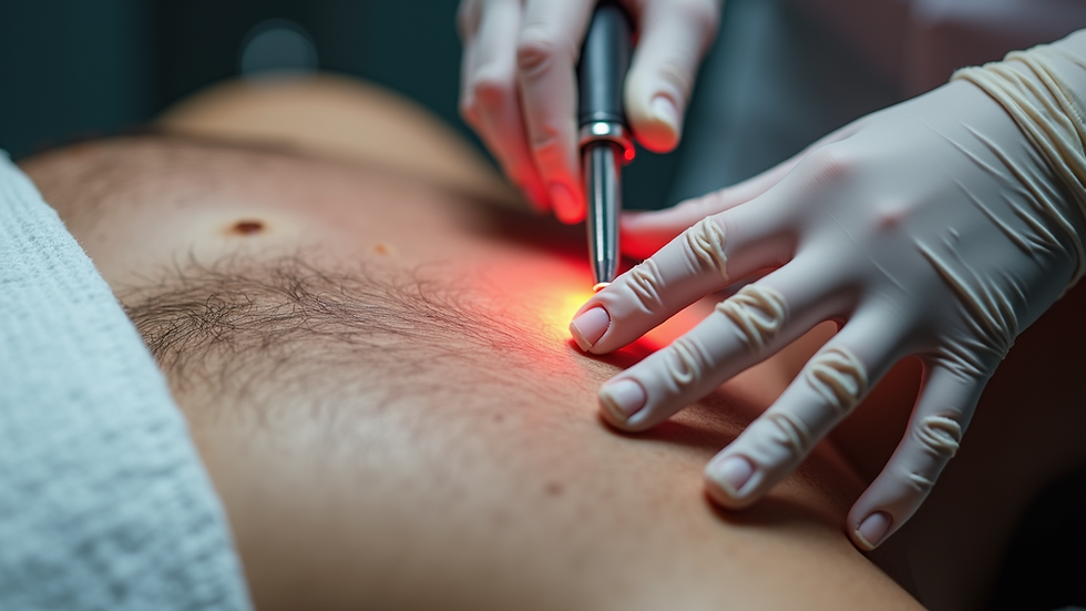 Eye-level view of laser hair removal treatment on a man's chest