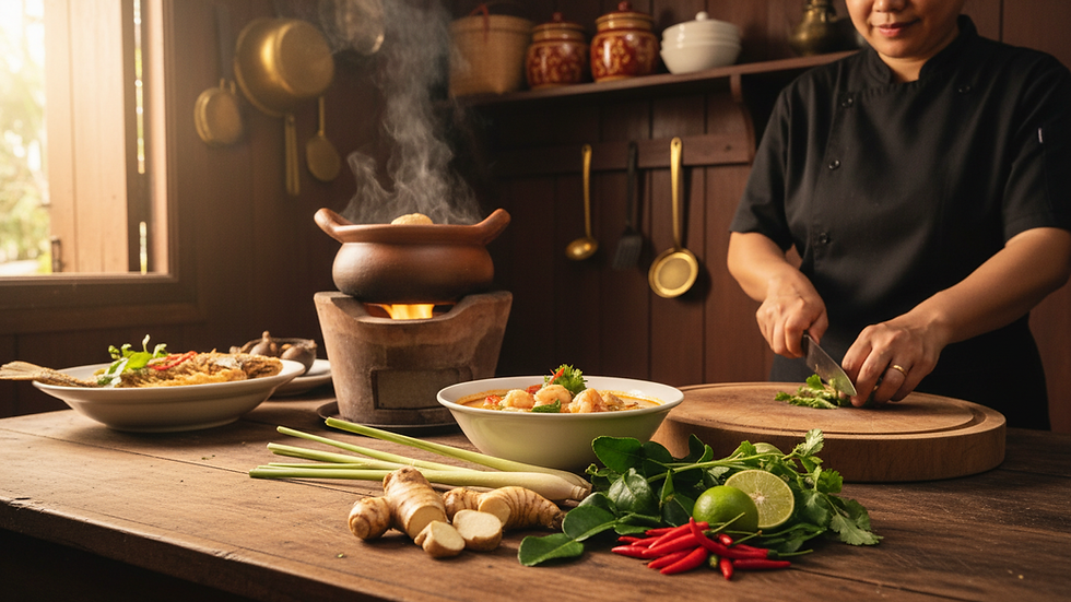 Eye-level view of a traditional Thai kitchen with fresh herbs and spices