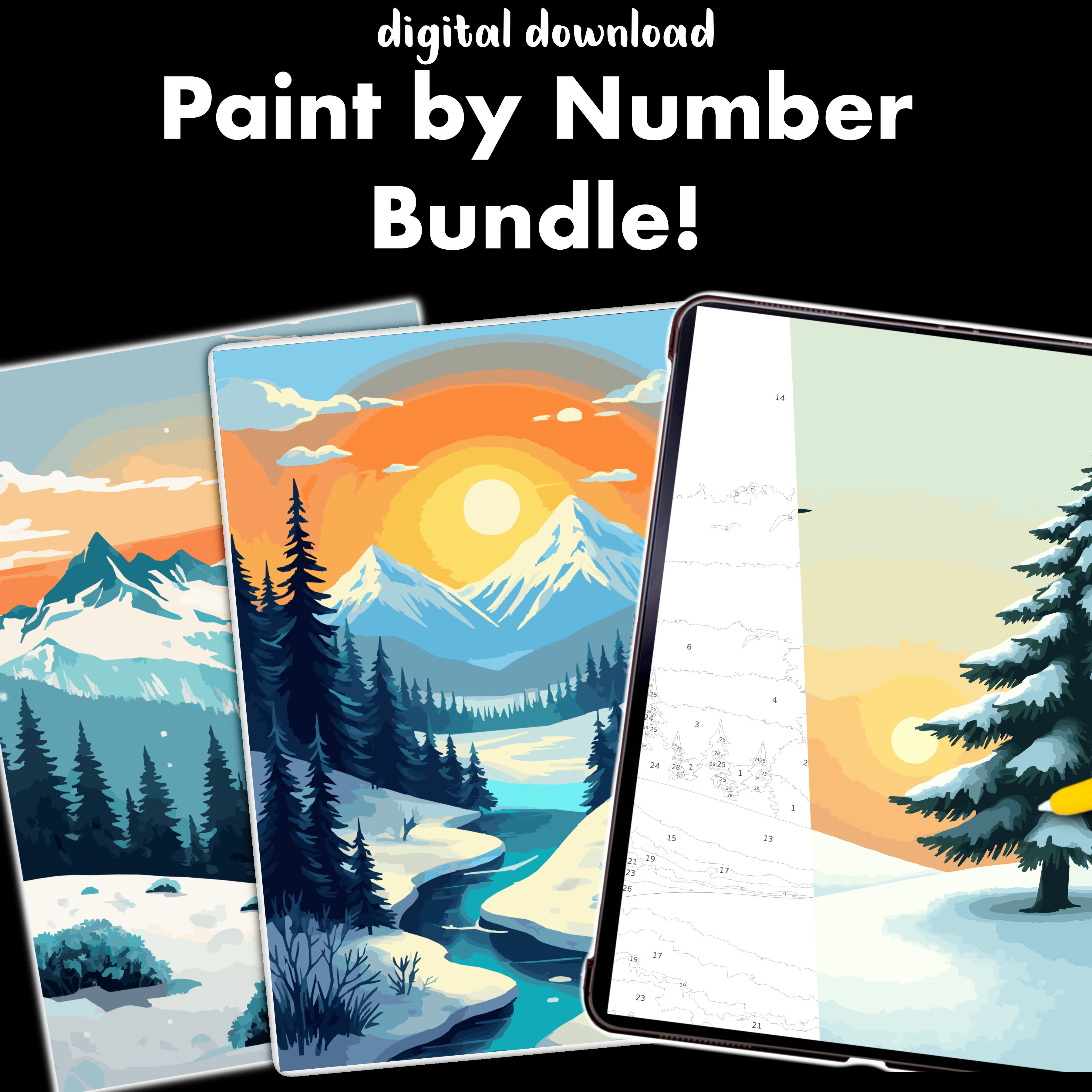 Paint by Number BUNDLE! 3 Winter Landscape Coloring Pages!