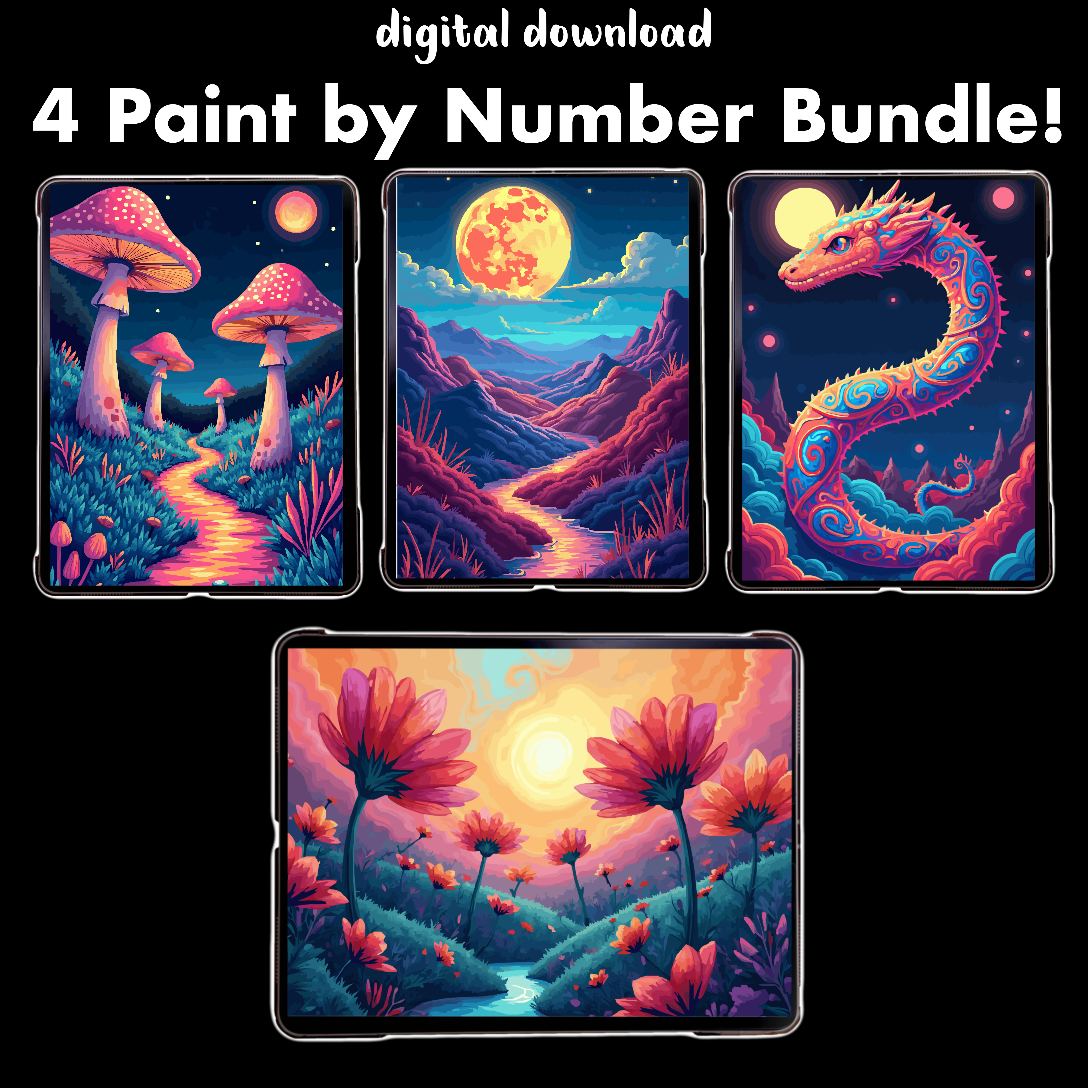 Paint by Number BUNDLE! 4 Fantasy Illustrations Coloring Pages!