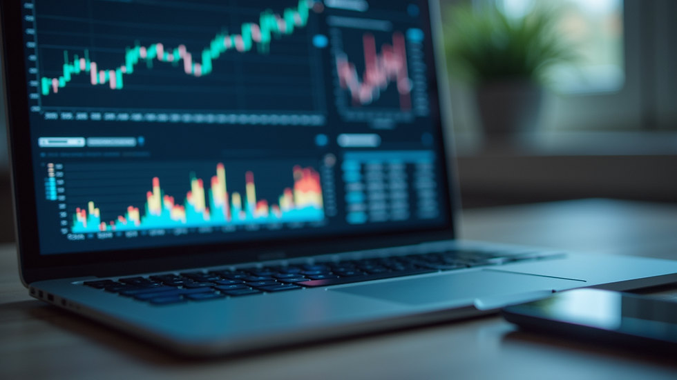 Close-up view of a laptop screen showing financial graphs and accounting software