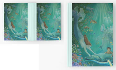 mermaids play with a humpback whale baby at the edge of the reef.