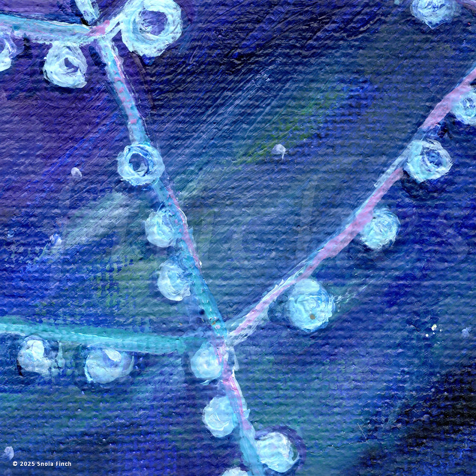 Thumbnail: Close-up of glowing web strands with rounded dew drops like beads on blue and violet background.