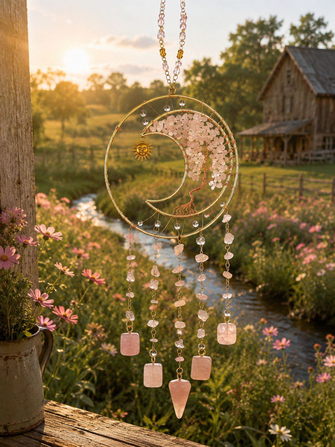 🔮 Lunar Moonlight Magic Rose Quartz  Copper Sun Catcher 