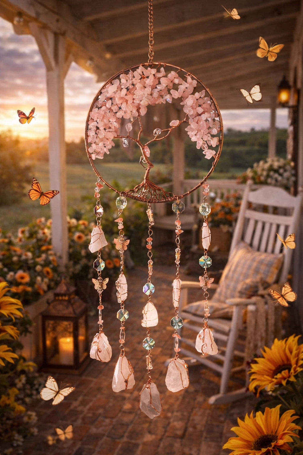 đź”® Serenity Bloom: The Butterfly Tree Sun Catcher - Rose Quartz Crystal