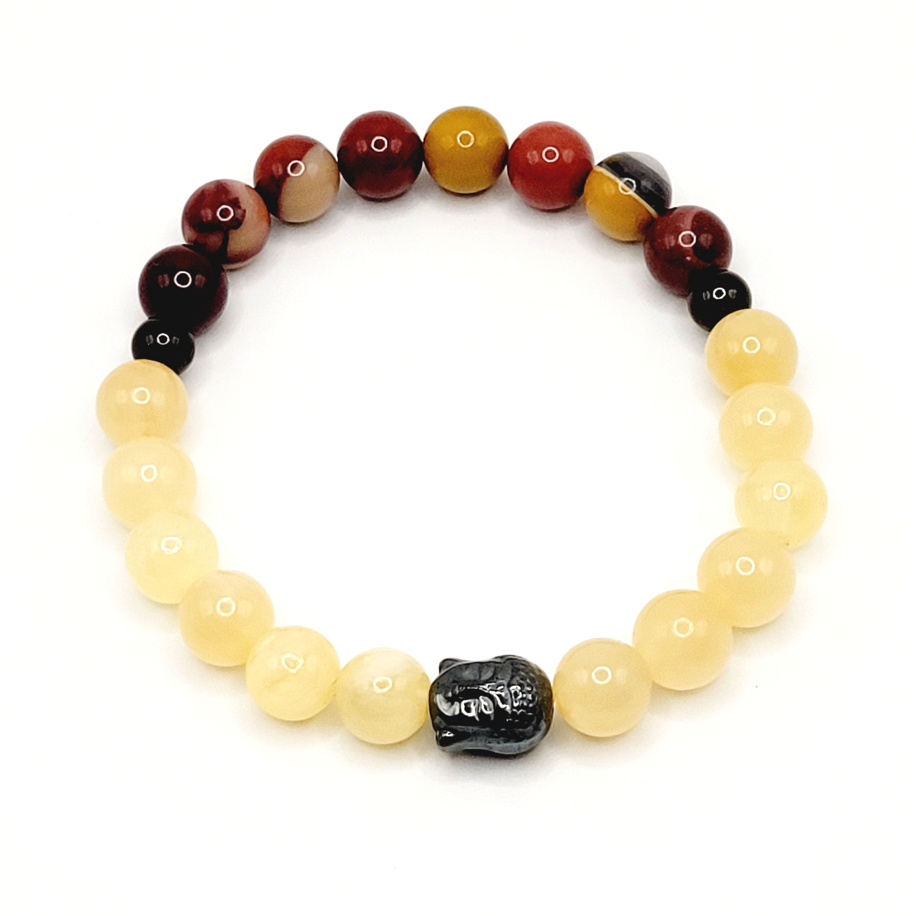 Mookaite and Honey Calcite with Hematite Buddha