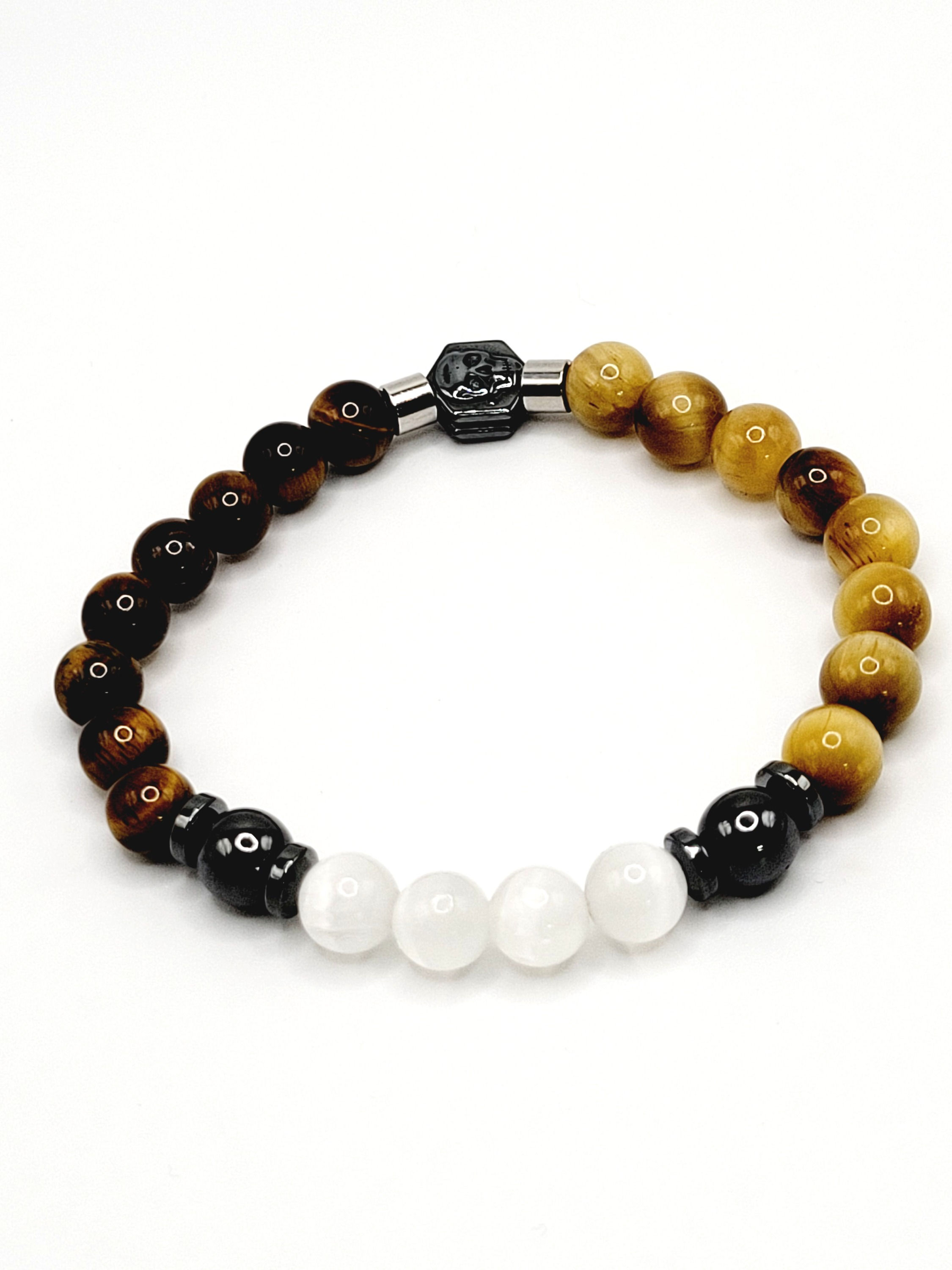 Tiger Eye, Selenite and Hematite with Skull