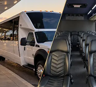 Exterior and interior view of Orlando Limo’s 27-passenger Grech Motors executive mini coach