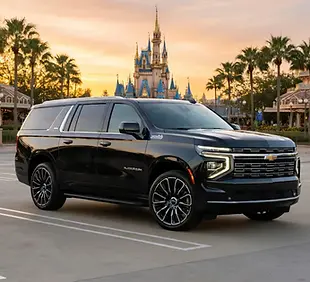 Black Chevrolet Suburban near Cinderella Castle at Walt Disney World in Orlando