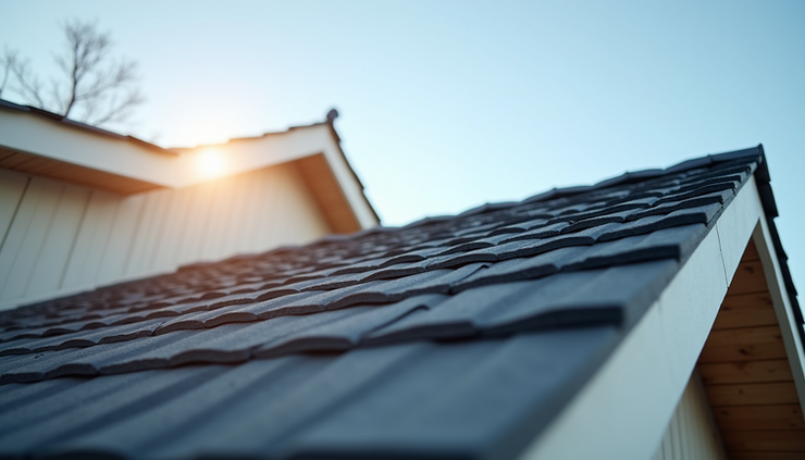 Eye-level view of a newly installed shingle roof on a residential house
