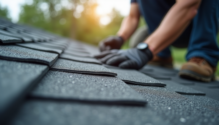 Close-up view of a roofing contractor installing shingles with precision