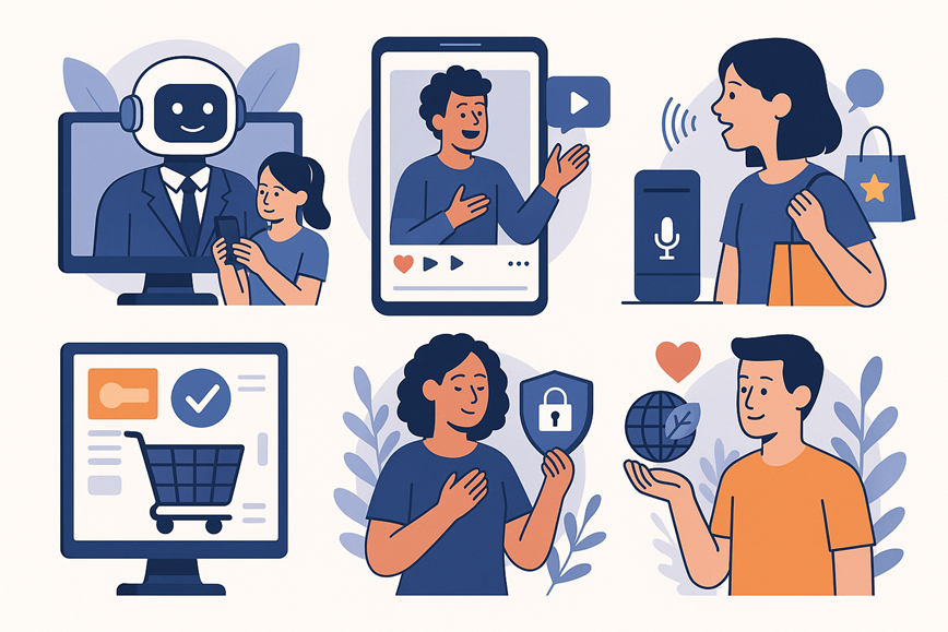 Illustration showing different aspects of digital marketing: AI chatbot support, influencer video content, voice search shopping, online e-commerce checkout, data security, and global connectivity with sustainability