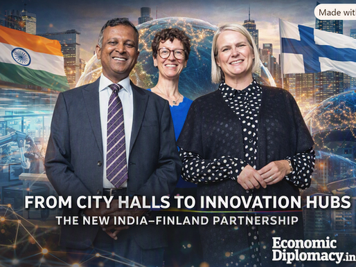 Ambassador Hemant Kotalwar of India, Mayor Soile Lahti of Finland, and a third woman stand together in front of a dynamic backdrop combining Finnish urban architecture, research laboratories, and technological motifs. The Indian and Finnish flags appear behind them, with a glowing globe connecting both nations. The headline ‘From City Halls to Innovation Hubs’ and subheading ‘The New India–Finland Partnership’ are displayed prominently, and the Economic Diplomacy.in logo is placed at the bottom right.