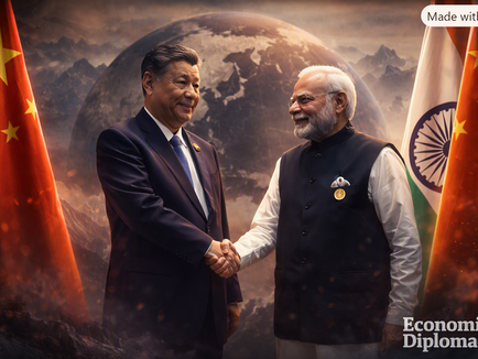 Indian Prime Minister Narendra Modi and Chinese President Xi Jinping shake hands in front of their national flags, symbolizing cautious diplomacy and strategic competition. Behind them, misty Himalayan silhouettes and a faint globe evoke geopolitical tension and interdependence. The composition is cinematic and serious, with the Economic Diplomacy.in logo placed in the bottom‑right corner.