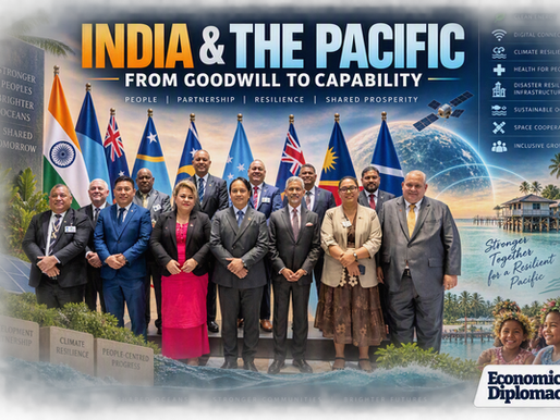 Editorial thumbnail titled “India & The Pacific: From Goodwill to Capability.” A group photograph of Indian and Pacific Island leaders stands at the center, symbolizing the India-Pacific partnership and the FIPIC process. Indian and Pacific national flags are prominently displayed behind the delegates, while layered visual elements depict climate resilience, renewable energy, digital connectivity, healthcare cooperation, disaster-resilient infrastructure, sustainable oceans, and space collaboration. A subtle globe, satellite imagery, solar panels, coastal infrastructure, and Pacific island scenes reinforce themes of development and capability building. The design uses deep ocean blues, turquoise tones, and saffron accents with cinematic lighting. The Economic Diplomacy.in logo appears in the bottom-right corner. The overall composition conveys India’s people-centred engagement with Pacific Island countries and the transition from diplomatic goodwill to practical development partnership