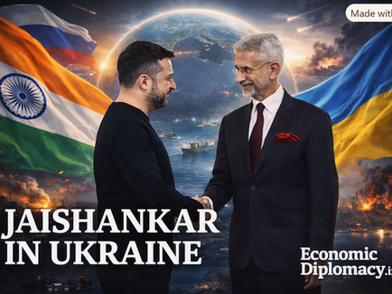 Indian External Affairs Minister S. Jaishankar shakes hands with Ukrainian President Volodymyr Zelenskyy against a cinematic backdrop featuring the Indian and Ukrainian flags, a faint Russian flag, a glowing globe, and distant signs of conflict. The headline ‘Jaishankar in Ukraine’ and the Economic Diplomacy.in logo appear below.