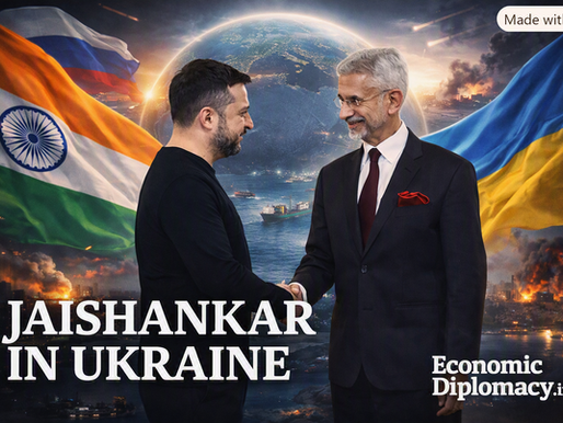 Indian External Affairs Minister S. Jaishankar shakes hands with Ukrainian President Volodymyr Zelenskyy against a cinematic backdrop featuring the Indian and Ukrainian flags, a faint Russian flag, a glowing globe, and distant signs of conflict. The headline ‘Jaishankar in Ukraine’ and the Economic Diplomacy.in logo appear below.