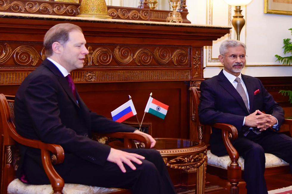 Denis Manturov with S Jaishankar in a discussion during his visit in New Delhi