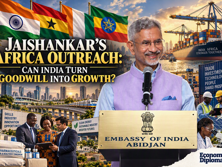 S. Jaishankar speaking at the Embassy of India in Abidjan amid a cinematic India-Africa economic partnership montage featuring the flags of India, Ghana, Côte d’Ivoire and Ethiopia, major port infrastructure, cargo ships, container terminals, manufacturing hubs, renewable energy projects, pharmaceuticals, technology collaboration and trade investment themes. Editorial headline reads: “Jaishankar’s Africa Outreach: Can India Turn Goodwill into Growth?” with Economic Diplomacy.in branding.