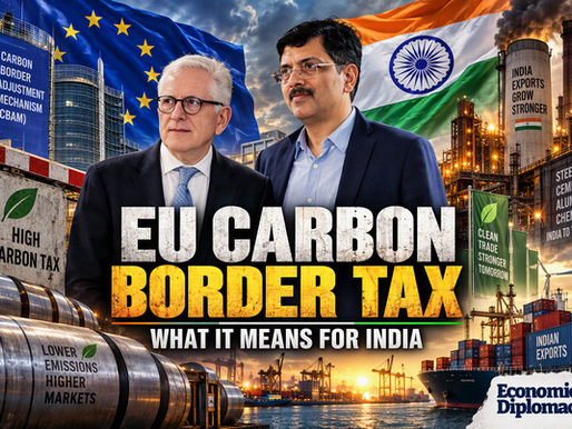 Alt text: Editorial thumbnail on the EU Carbon Border Tax featuring two officials in the foreground, framed by large European Union and Indian flags. Industrial steel plants, smokestacks, steel coils, cargo containers, cranes, and a shipping vessel fill the background, symbolizing trade and manufacturing. Bold headline text reads “EU CARBON BORDER TAX” with the subheading “WHAT IT MEANS FOR INDIA.” The scene uses dramatic blue and amber lighting to highlight the clash between European climate regulations and India’s export-driven industrial economy. The Economic Diplomacy.in logo appears in the bottom-right corner.
