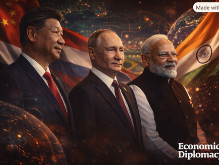 Indian Prime Minister Narendra Modi, Chinese President Xi Jinping, and Russian President Vladimir Putin stand side by side against a cinematic backdrop of their national flags and glowing global network lines. The composition conveys diplomatic gravity and the evolving multipolar world order, with the Economic Diplomacy.in logo visible at the bottom right.