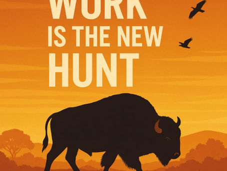 Digital illustration of a buffalo silhouette against a sunset with hunting arrows, symbolizing the evolution of human survival from traditional hunting to modern work and provision.