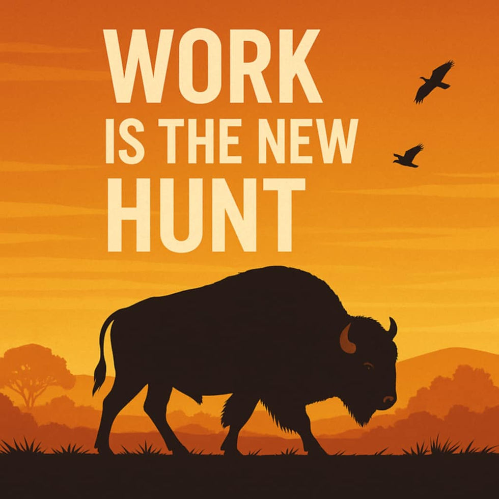 Digital illustration of a buffalo silhouette against a sunset with hunting arrows, symbolizing the evolution of human survival from traditional hunting to modern work and provision