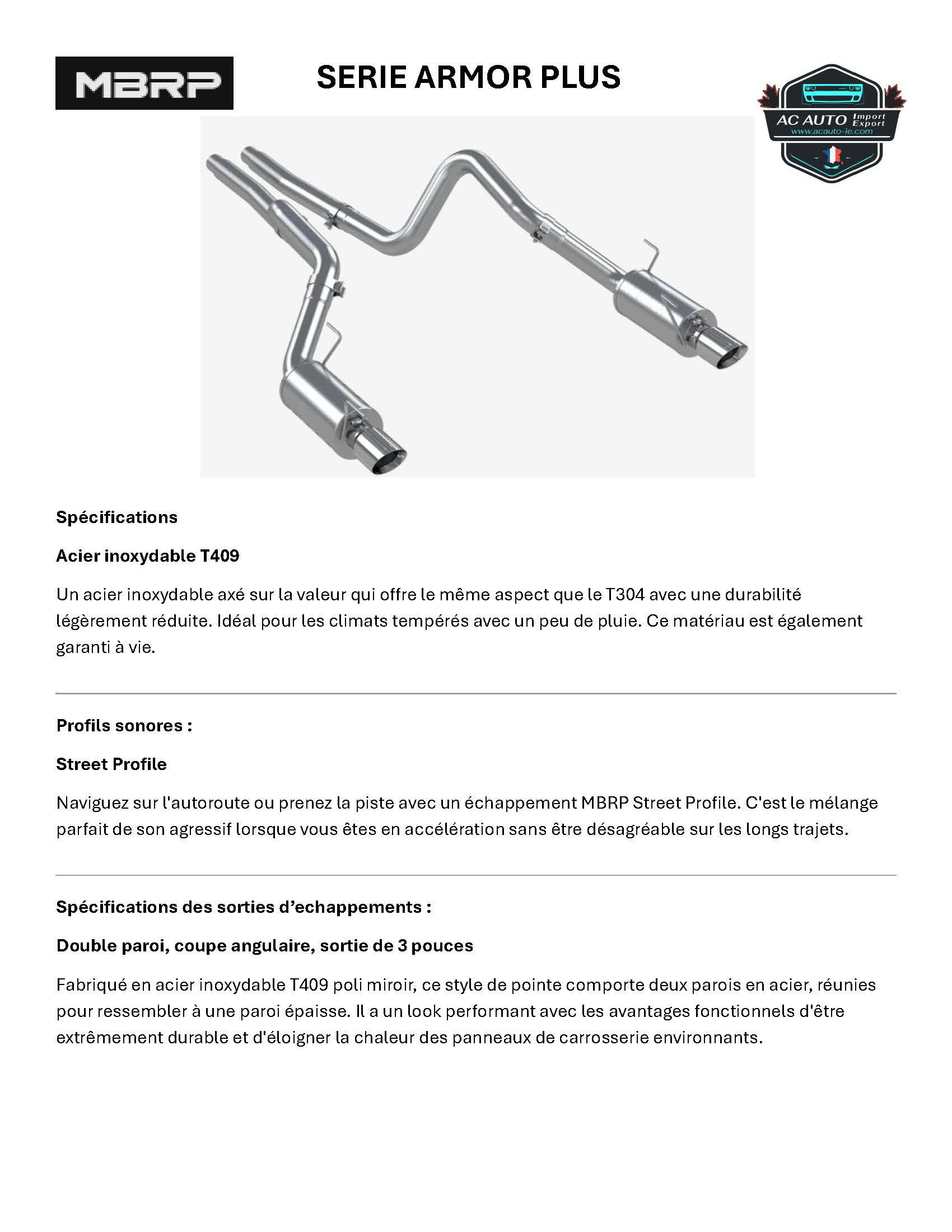 LIGNE MBRP COMPLETE APRES CATA, pour  Mustang 4.6L, 2005-2010, double sortie