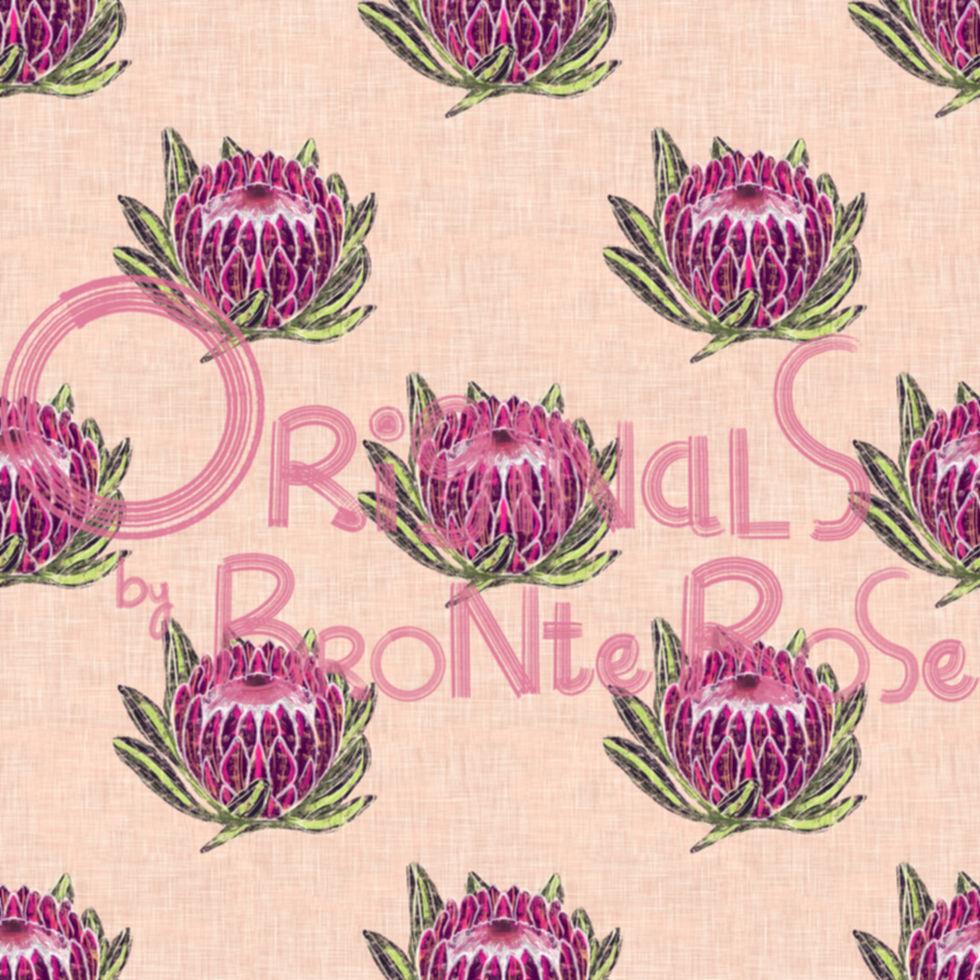 Licensable digital artwork of Protea flowers with a linen look texture overlay in a repeating pattern design.