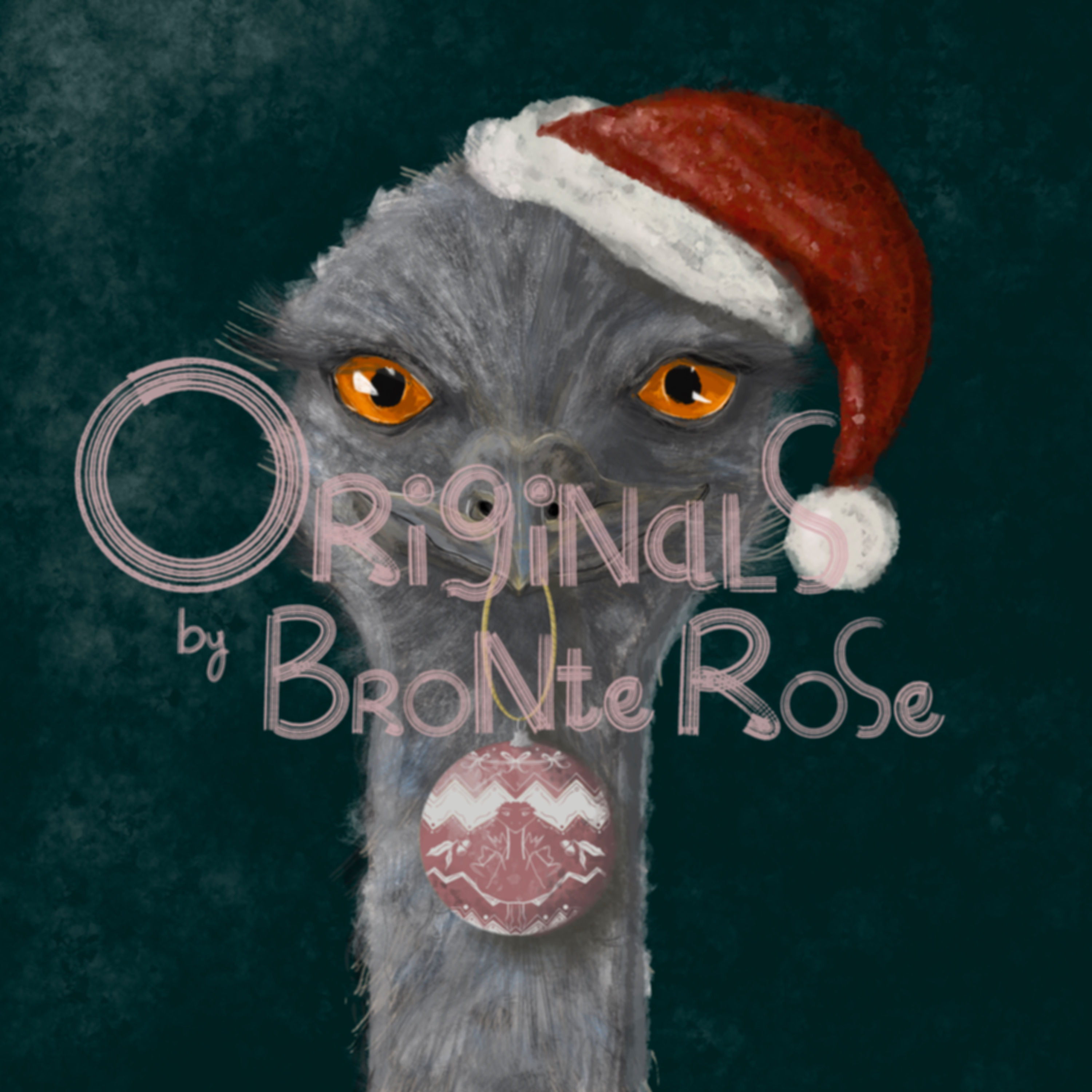 Emu with Santa hat and decoration, textured green background, licensed artwork