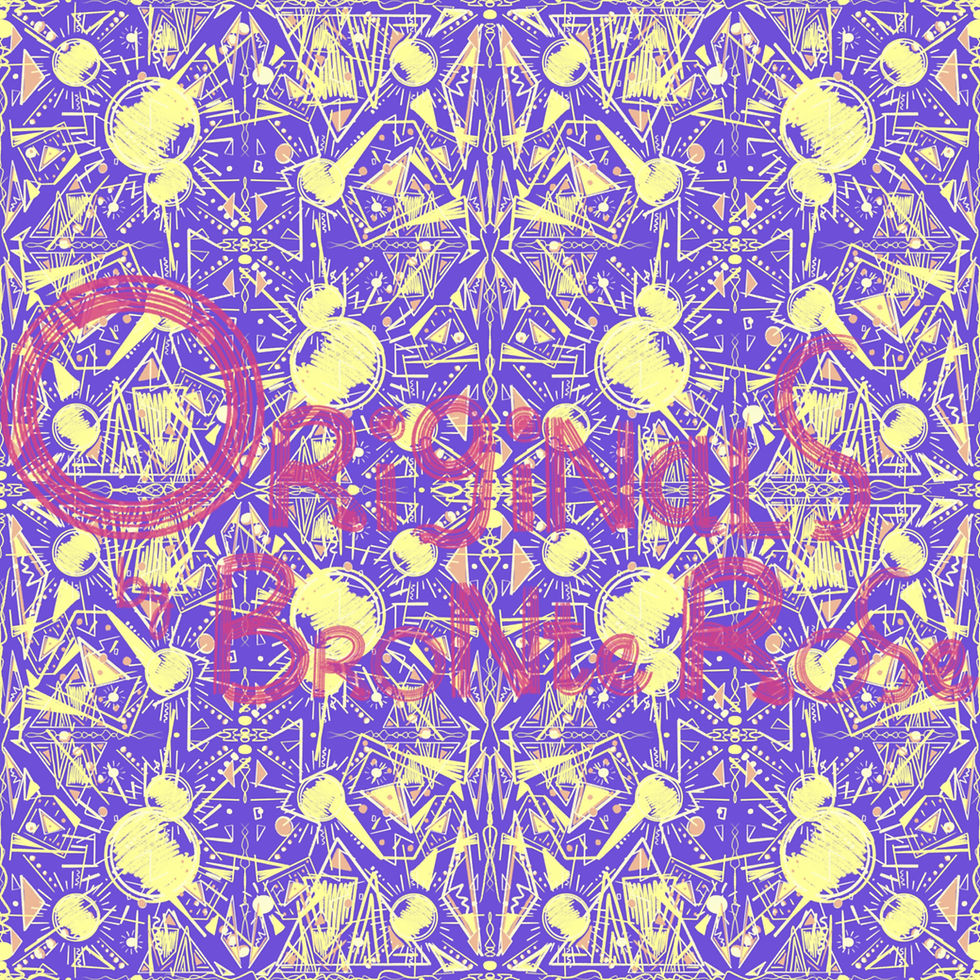 Thumbnail: Licensable digital artwork of sunshine amongst a mix of geometric shapes on a bright purple background in a repeating pattern