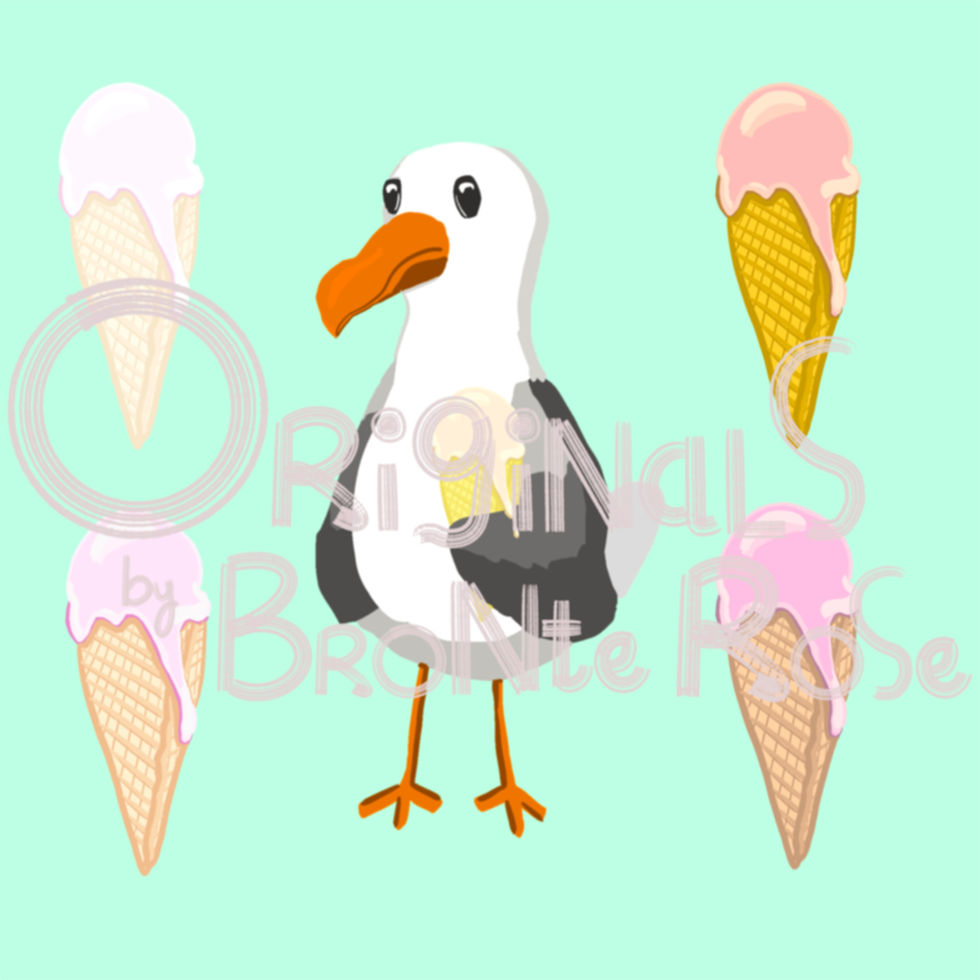 Licensable digital artwork of a creative design of a Seagull holding onto their ice cream, defending it like a Keep.